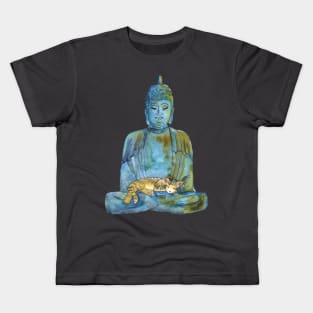 Watercolor Buddha Statue with Sleeping Tabby Cat Kids T-Shirt